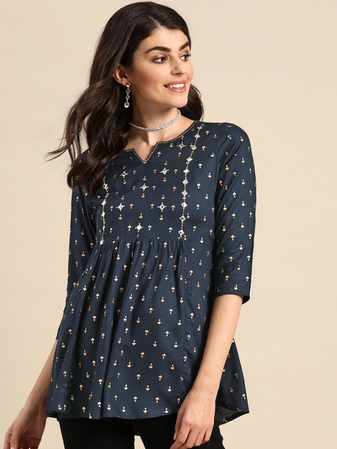 

Prakrti Women Navy Blue & Golden Booti Print A-Line Kurti