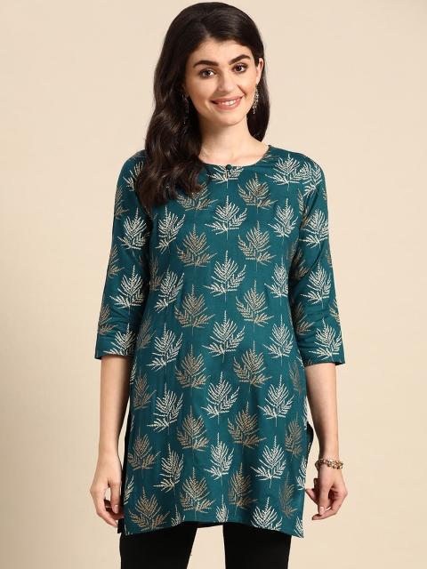 

Prakrti Women Teal Blue & Golden Leaf Print Straight Kurti