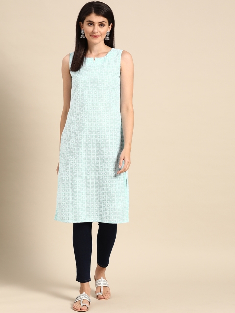 

Prakrti Women Blue & White Ethnic Motifs Chikankari Embroidered Pure Cotton Kurta