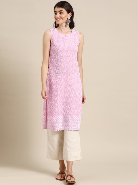 

Prakrti Women Pink & White Pure Cotton Ethnic Motifs Chikankari Embroidered Straight Kurta