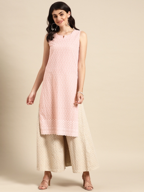 

Prakrti Women Peach-Coloured & White Chikankari Embroidered Pure Cotton Kurta