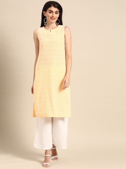 

Prakrti Women Yellow & White Ethnic Motifs Chikankari Embroidered Pure Cotton Kurta