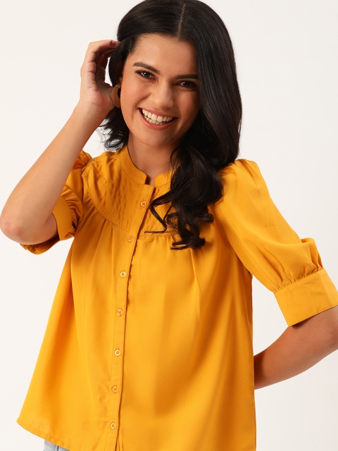 

DressBerry Women Mustard Yellow Boxy Fit Solid Bishop Sleeves Casual Shirt
