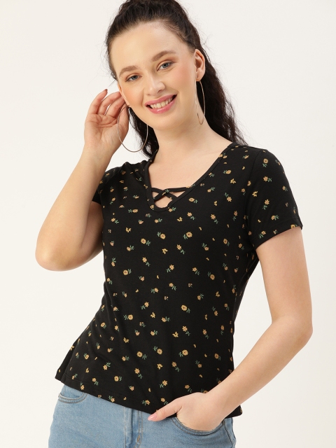

DressBerry Black & Mustard Yellow Floral Print Cotton Regular Top