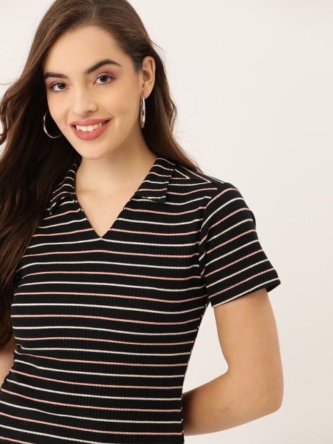 

DressBerry Women Black & Pink Striped Polo Collar Ribbed T-shirt