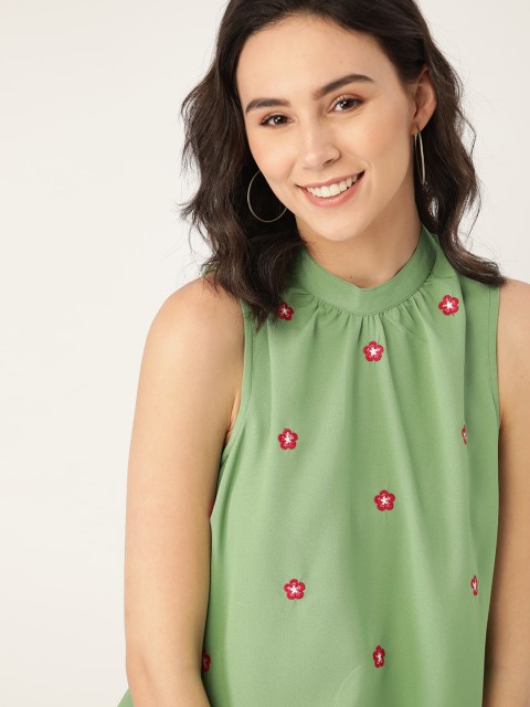 

Dressberry Green & Red Floral Embroidered Blouson Top