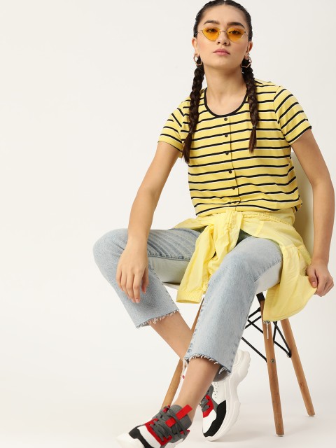 

DressBerry Women Yellow & Black Striped Pure Cotton Regular Top