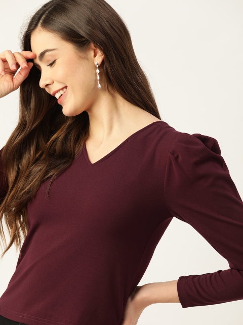 

DressBerry Maroon Solid Puff Sleeve Regular Top