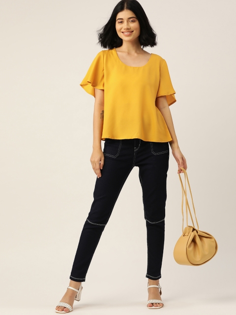 

DressBerry Mustard Yellow Solid Flared Sleeves Top