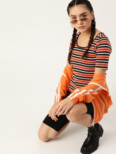 

DressBerry Women Black Peach-Coloured Striped Pure Cotton T-shirt