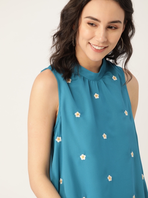 

Dressberry Blue & White Floral Embroidered Blouson Top