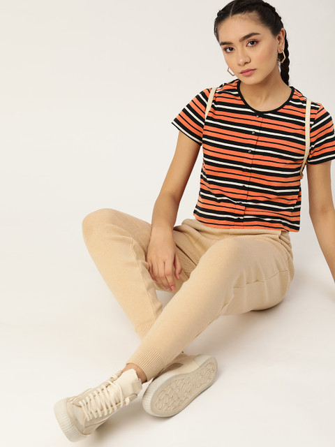 

DressBerry Women Black & Peach-Coloured Striped Pure Cotton Regular Top