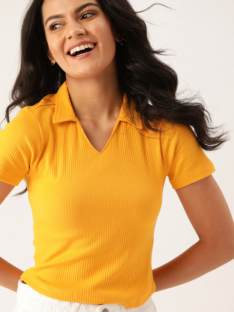 

DressBerry Mustard Yellow Solid Ribbed Regular Top