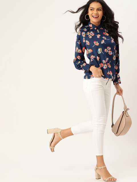 

DressBerry Navy Blue & Red Floral Regular Top