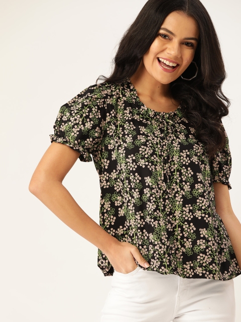 

DressBerry Eco Vero Sustainable Black & Beige Floral Puff Sleeve Regular Top