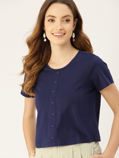 

DressBerry Navy Blue Cotton Solid Top