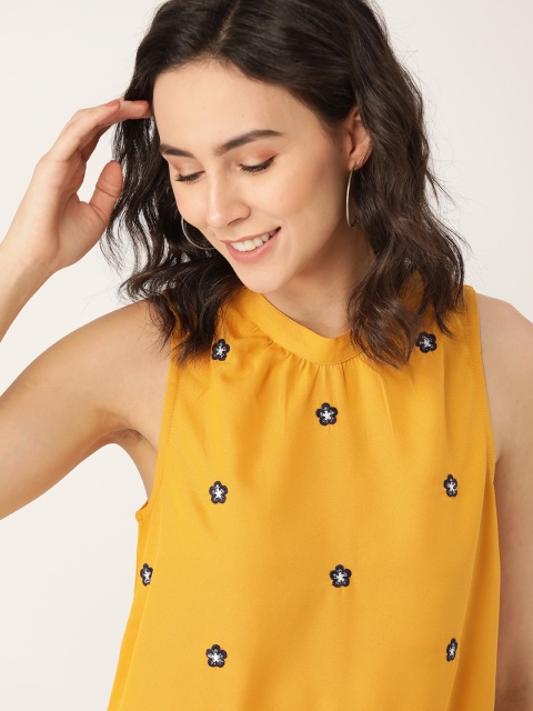 

Dressberry Mustard Yellow & Navy Blue Floral Embroidered Blouson Top