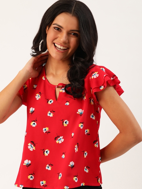 

DressBerry Red & Off White Floral Keyhole Neck Top