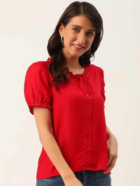 

DressBerry Red Solid Tie-Up Neck Sustainable ECOVERO Puff Sleeves Top