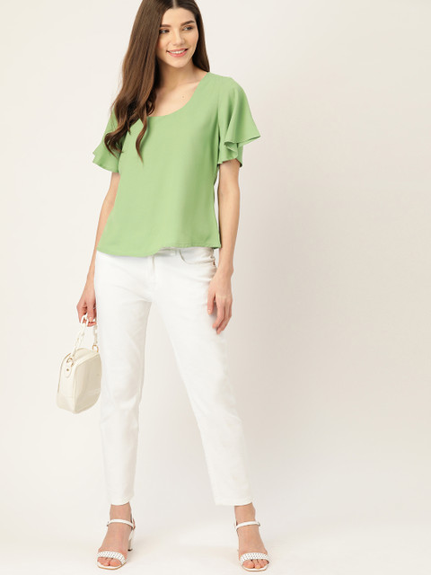 

DressBerry Green Solid Flared Sleeves Top