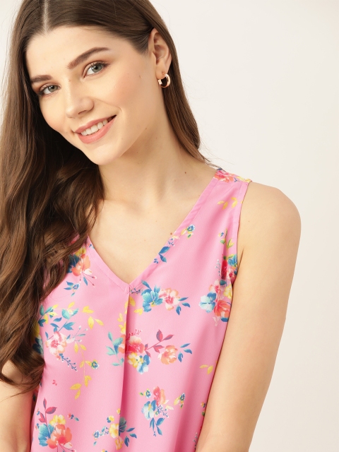 

DressBerry Women Pink & Blue Floral Printed Pleated Top