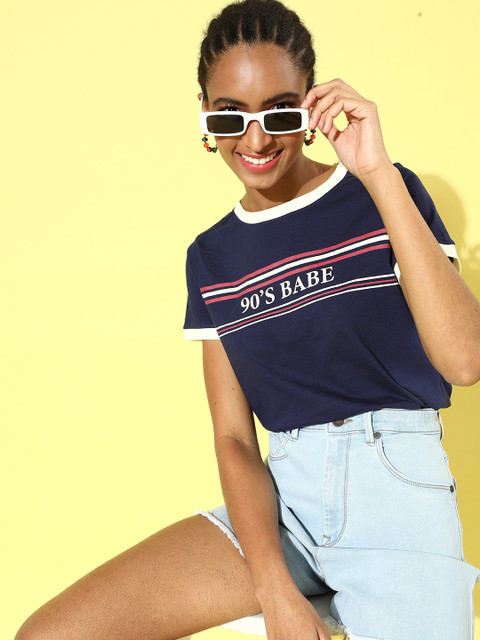 

DressBerry Women Deep Navy Blue Typography Retro Preppy Tshirt