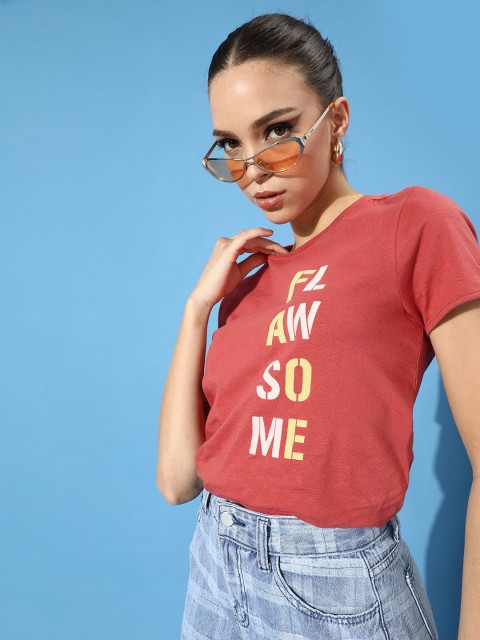 

DressBerry Women Peach Coloured Typography Print Cotton T-shirt