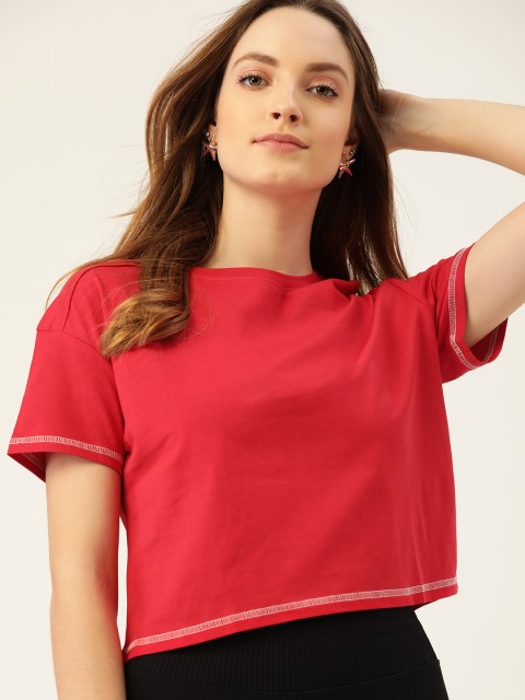 

DressBerry Women Red Solid Pure Cotton Boxy T-shirt