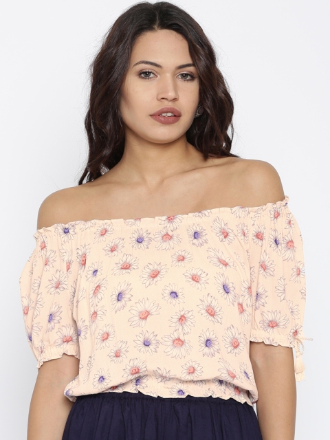 

FOREVER 21 Peach-Coloured Floral Print Off-Shoulder Crop Top