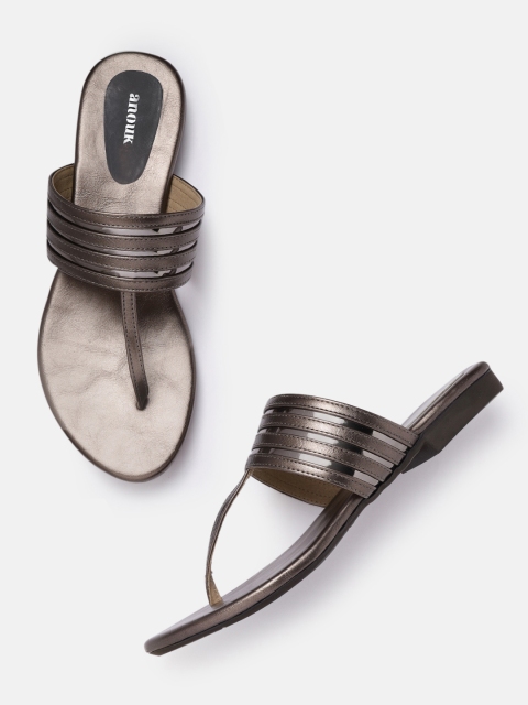 

Anouk Women Gunmetal-Toned Striped Open-Toe T-Strap Flats, Metallic