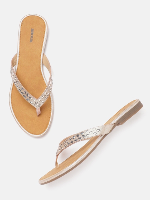 

Anouk Women Rose Gold-Toned Embellished T-Strap Flats