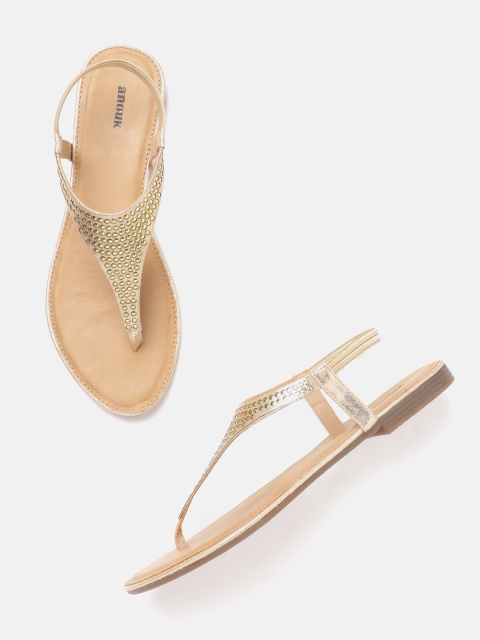 

Anouk Women Gold-Toned Embellished T-Strap Flats