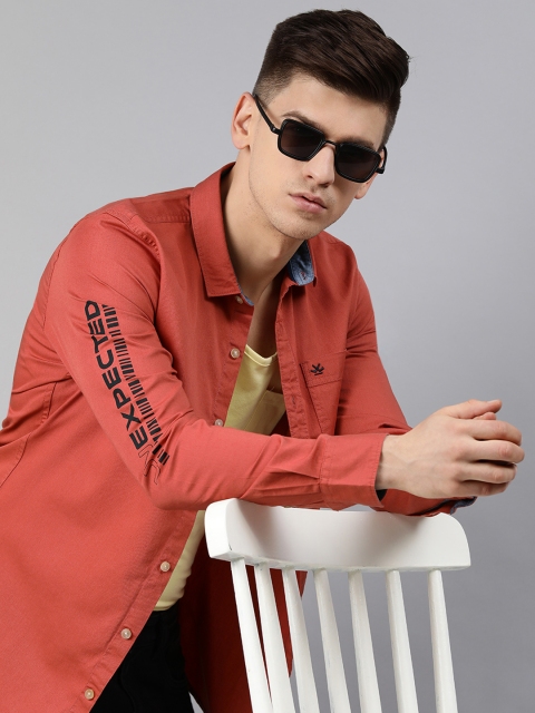 

WROGN Men Rust Orange Slim Fit Solid Casual Shirt with Printed Sleeves