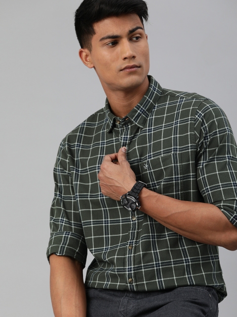 

WROGN Men Olive Green & White Slim Fit Checked Casual Shirt