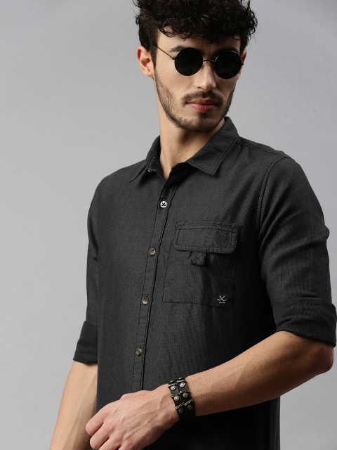 

WROGN Men Black & White Slim Fit Self Design Casual Shirt