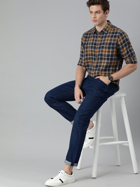 

WROGN Men Mustard Yellow & Navy Blue Slim Fit Checked Casual Shirt