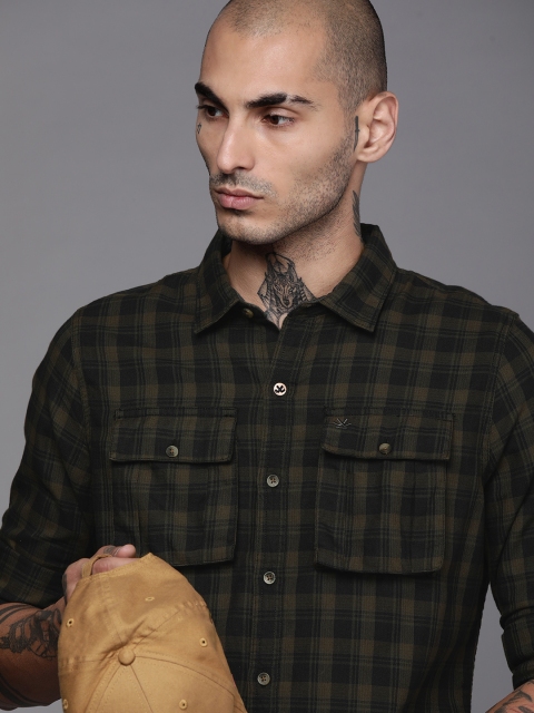 

WROGN Men Olive Green Slim Fit Tartan Checked Casual Shirt