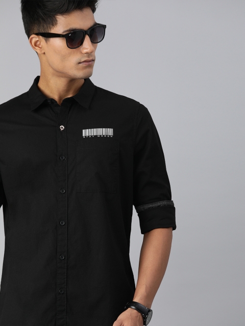 

WROGN Men Black Slim Fit Solid Casual Shirt with Printed Detailing