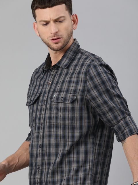 

WROGN Men Grey & Blue Slim Fit Checked Casual Shirt