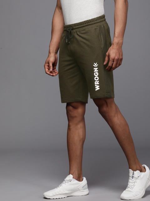 

WROGN Men Olive Green Solid Regular Fit Regular Shorts with Logo Print