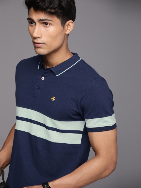 

WROGN Men Navy Blue Grey Striped Polo Collar Slim Fit Pure Cotton T-shirt