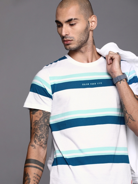 

WROGN Men White Teal Blue Slim Fit Striped Round Neck Pure Cotton T-shirt