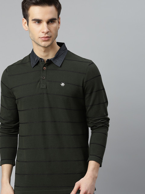 

WROGN Men Olive Green Striped Pure Cotton Polo Collar T-shirt