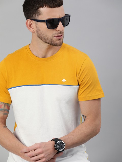 

WROGN Men White Mustard Yellow Pure Cotton Colourblocked Slim Fit Round Neck Pure Cotton T-shirt
