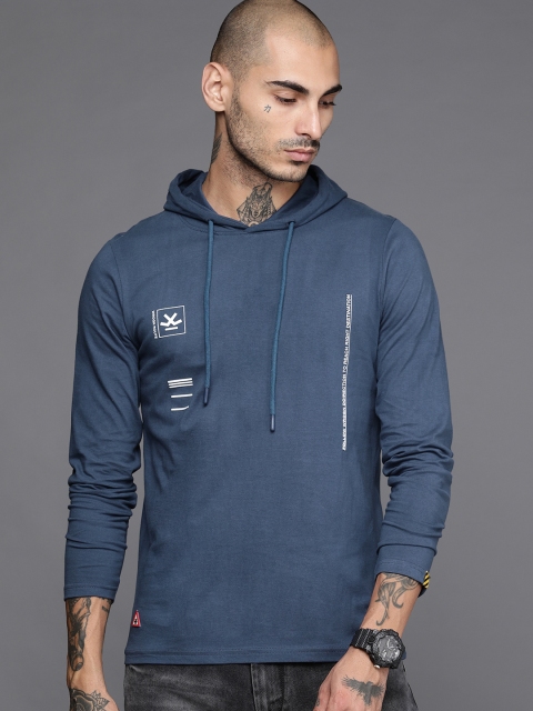 

WROGN Men Blue Solid Pure Cotton T-shirt