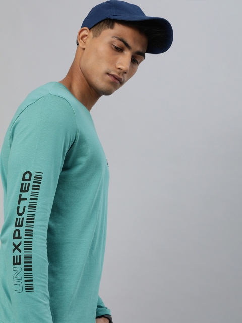 

WROGN Men Teal Green Slim Fit Solid Round Neck T-shirt with Printed Detailed Sleeve