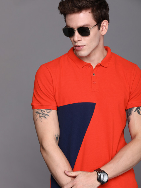 

WROGN Men Red Navy Blue Colourblocked Polo Collar Pure Cotton T-shirt