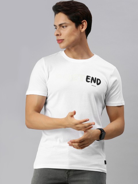 

WROGN Men White Black Slim Fit Printed Pure Cotton T-shirt