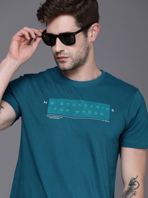 

WROGN Men Teal Blue Typography Printed Slim Fit Pure Cotton T-shirt