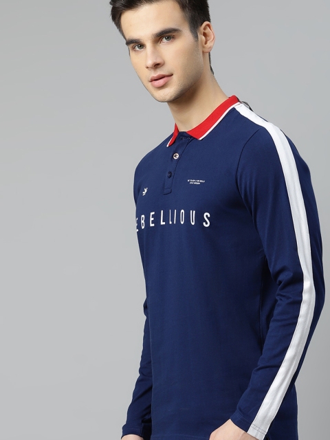 

WROGN Men Navy Blue Printed Pure Cotton Polo Collar T-shirt
